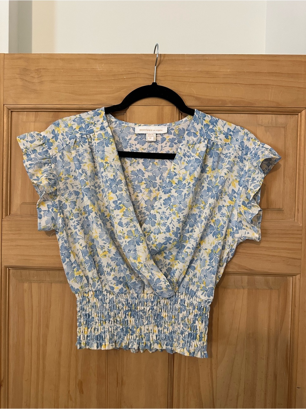 Blue and Yellow Floral Smocked-Waist V-Neck Crop Blouse